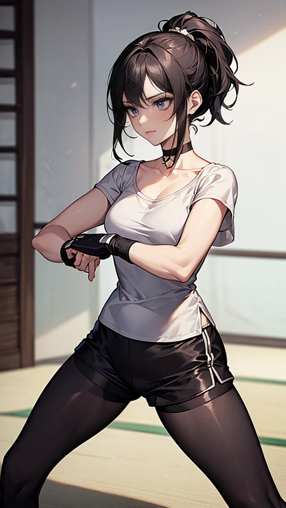 ((Highest quality)), ((masterpiece)), (detailed) {{{Slender female martial arts instructor}}} Shorts {{Décolletage}} {{White short-sleeved T-shirt with long length}} Mature Woman ((Combat Stance)) Long fingerless gloves Black tights {{Inside the dojo}} Black Hair ponytail ((Leggings with integrated shorts)) clavicle choker