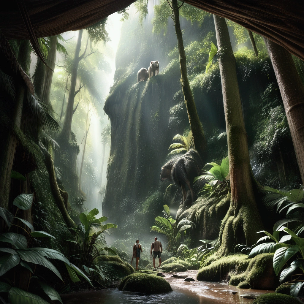 (best quality,4k,8k,highres,masterpiece:1.2),deep jungle, multiple boys exploring amazon, historical, wide shot, realistic, hyper-realistic, photorealistic,ultra-detailed,(realistic,photorealistic,photo-realistic:1.37),vivid colors,dramatic lighting,