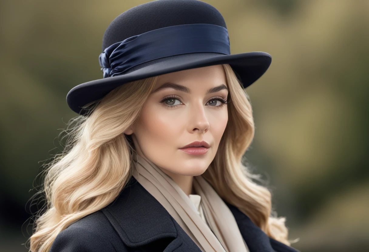 (detailed), adult woman like Sherlock Holmes, Wearing a silk hat and an Inverness coat, British gentleman style, ((highest quality)), ((masterpiece)), perfect face, blonde hair, long hair, Woman in her 20s