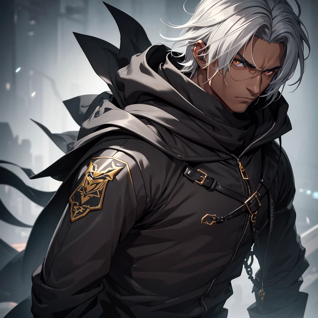 a young man with tanned skin, gray hair, golden eyes, wearing black clothes and a hood, with a seductive expression, detailed face, 8k, high quality, photorealistic, cinematic lighting, chiaroscuro, moody atmosphere, dramatic colors