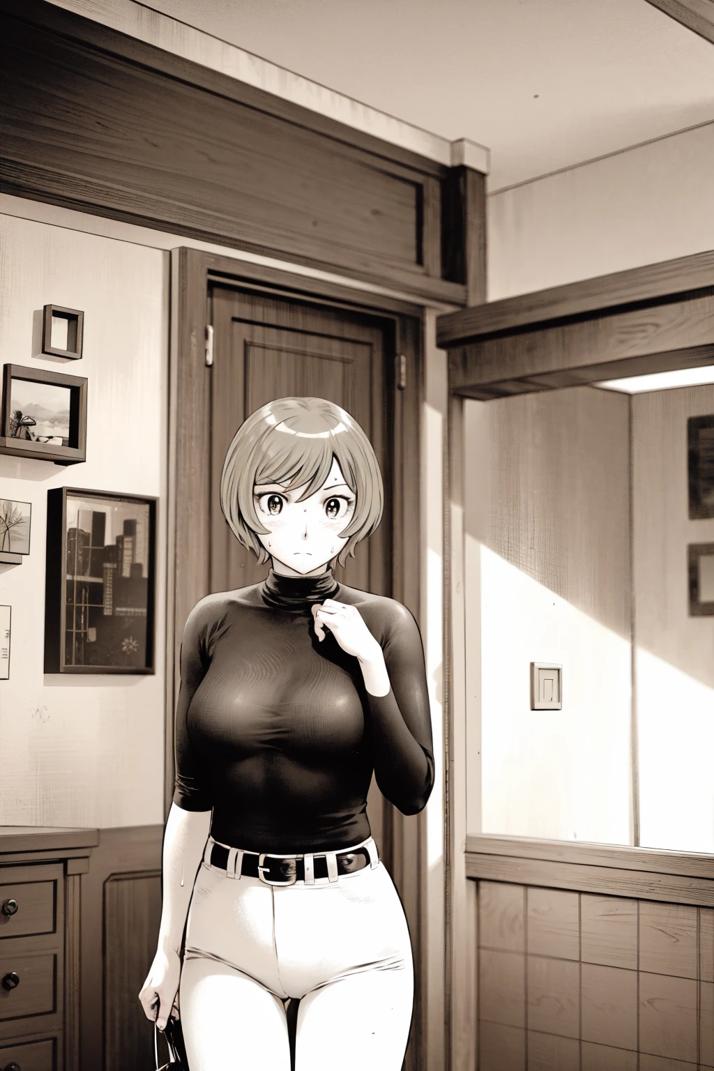 、(masterpiece、Highest quality)、Highest quality, Ultra-high resolution, (((masterpiece))), alone, Sweat、Big eyes,Tight black shirt、Tight white pants、belt、indoor、Composition from the front、(Cut the back hair short、short hair、blonde、woman)、Shortcuts、Embarrassed face、Cut your hair short、可愛いwomanの子、Big Breasts、office