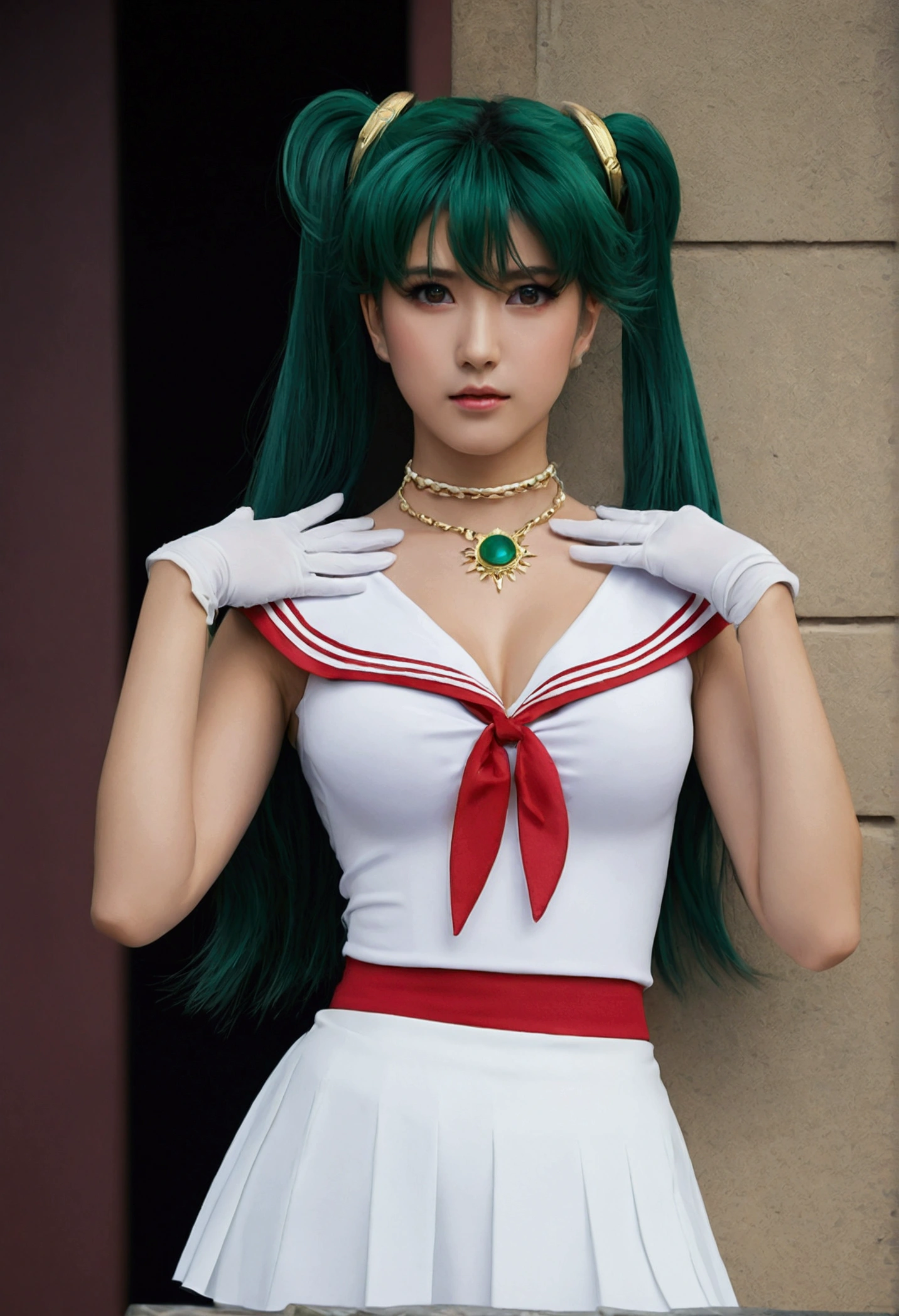 Trigger: sailor pluto, single hair bun, tiara, sailor senshi uniform, skirt, gloves, green hair, red eyes,
jewelry, hands on chest,see-through, looking at viewer,  hair ornament, choker, shy, 
(masterpiece, top quality, best quality, official art, beautiful and aesthetic:1.2), (1 girl), extreme detailed,  colorful, highest detailed,
(huge breasts:1.2, upper body, from front,  cameltoe, white panties,  dress lift,) 
china city,street,  sun, cloud, wall, leaning,