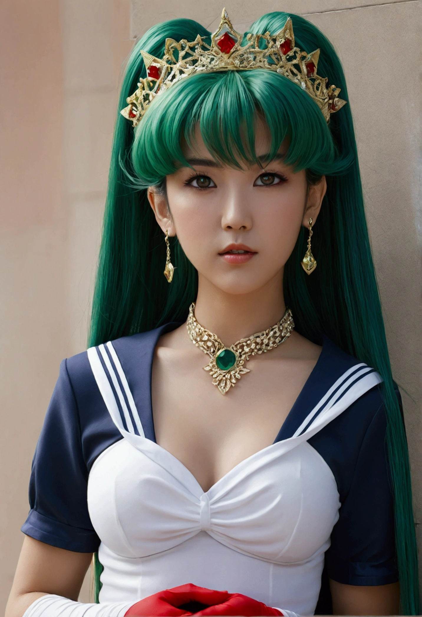 Trigger: sailor pluto, single hair bun, tiara, sailor senshi uniform, skirt, gloves, green hair, red eyes,
jewelry, hands on chest,see-through, looking at viewer, hair ornament, choker, shy,
(masterpiece, top quality, best quality, official art, beautiful and aesthetic:1.2), (1 girl), extreme detailed, colorful, highest detailed,
(huge breasts:1.2, upper body, from front, cameltoe, white panties, dress lift,)
china city,street, sun, cloud, wall, leaning,