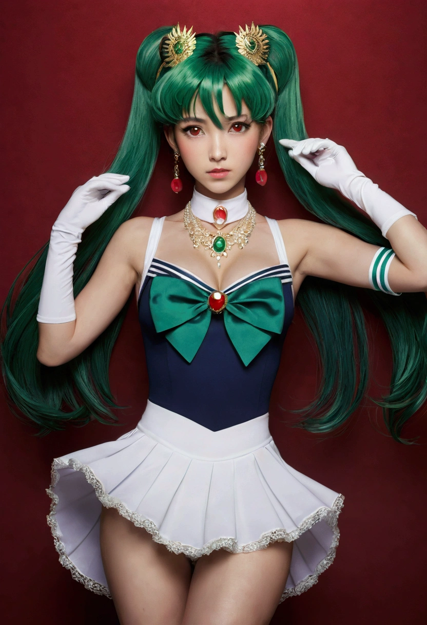 Trigger: sailor pluto, single hair bun, tiara, sailor senshi uniform, skirt, gloves, green hair, red eyes,
jewelry, hands on chest,see-through, looking at viewer,  hair ornament, choker, shy, 
(masterpiece, top quality, best quality, official art, beautiful and aesthetic:1.2), (1 girl), extreme detailed,  colorful, highest detailed,
(huge breasts:1.2, upper body, from front,  cameltoe, white panties,  dress lift,) 
china city,street,  sun, cloud, wall, leaning,