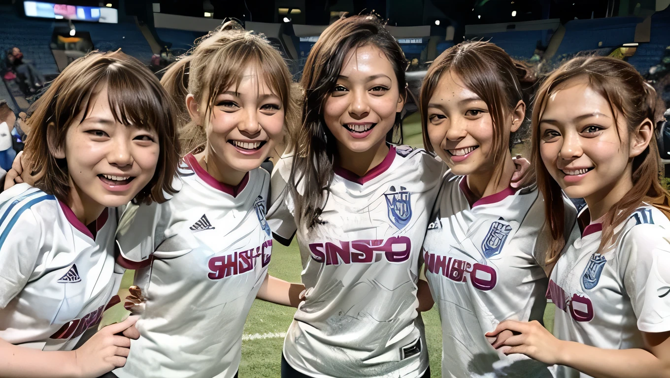 (((5 girls:1.5))、Five women standing close together in a stadium、5 Boyish Women、Football Supporters、-yeld gi、Group photo of a group of soccer fans、Wearing a uniform)、(Realistic、Like a photograph、Live Action、8k, Realistic, RAW Photos, Best image quality: 1.4), Single-lens reflex camera、RAW Photos, Highest quality, Realistic, Highly detailed CG Unity 8k wallpaper, Written boundary depth, Cinematic Light, Lens flare, Ray Tracing, Realistic background、((The upper body is a soccer uniform:1.2、The lower half is a flared mini skirt:1.4)、Big Breasts)、((Silver Inner Color Hair:1.1))、Cute Japanese Gals、((whole body:1.5))、(short hair:1.2)、I like that style、stylish、Very detailed、Pay attention to the details、Perfect outfit、(White skin)、Beautiful feet:1.1、View from below、Accurate Arm、Super detailed face