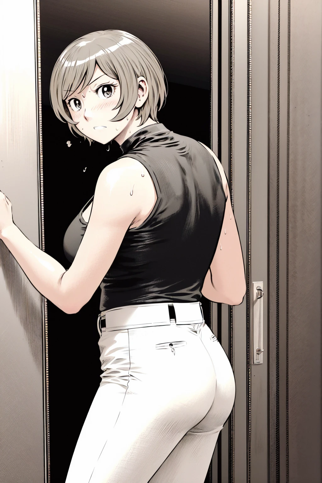、(masterpiece、Highest quality)、Highest quality, Ultra-high resolution, (((masterpiece))), alone, Sweat、Big eyes,Tight black shirt、Tight white pants、belt、indoor、Composition from the front、(Cut the back hair short、short hair、blonde、woman)、Shortcuts、Embarrassed face、Cut your hair short、可愛いwomanの子、Big Breasts、office