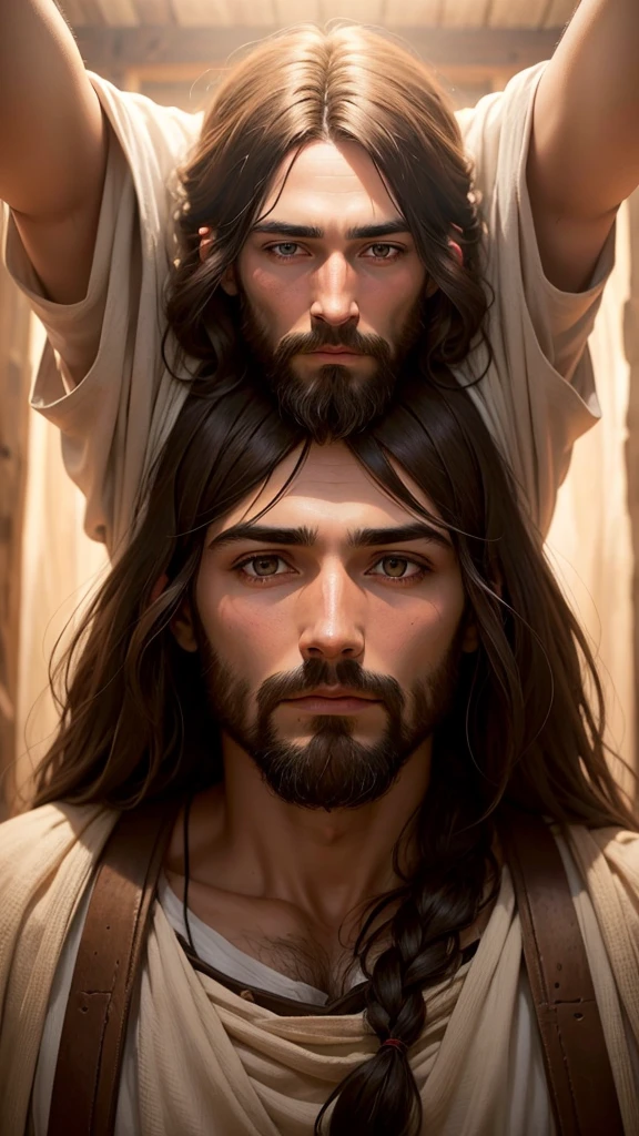 Help me create an image of Jesus Christ with a rustic and serene face before the sun