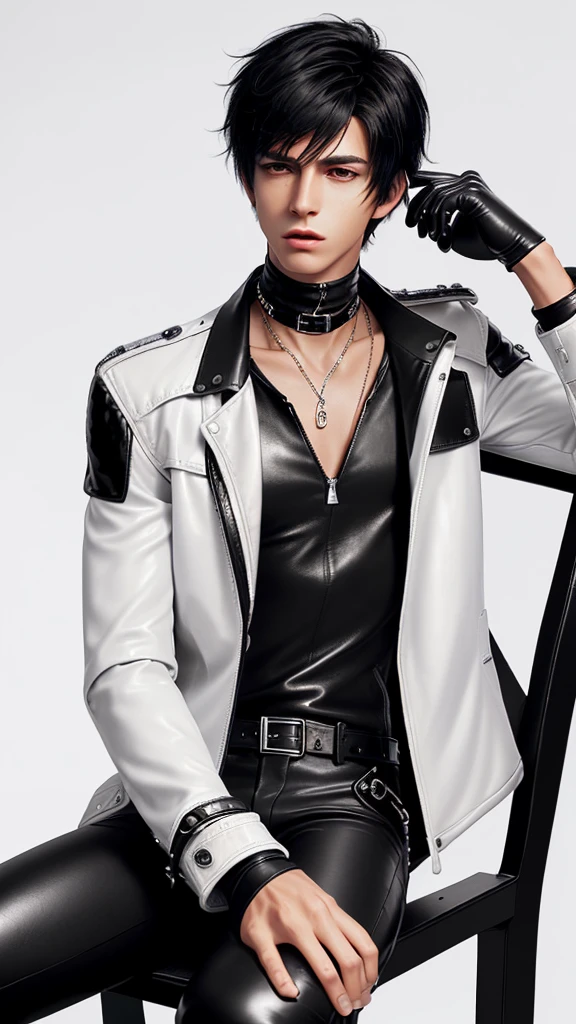 Final fantasy taste and reality graphics, Japanese young cute and cool ikemen  boy, his age is early 20s, thin eyebrows and beady eyes,  ((he wearing off white color leather  thick material jacket)), ((jacket is singlebrest)), biker style jacket, with epaulet, jacket is long sleeve, ((must close the front of the leather jacket)), , ((voluminous leather jacket)), ,((must jacket is high length and stand-up collar)) ((jacket collar with two belts)), ((jacket is a little black color line pattern)),((close the front of the jacket)), ((also wearing black thick material turtleneck lackluster shirts)),  ((tight black leather pants)),  ((black leather tight and thin glove)), ((black leather knee-high raceup boots)),((must views  head-to-toe)),((must views whole body)), ,((Do not show skin from the neck down)),leather jacket leather glove and leather pants have few wrinkles,boy sitting on a chair, Avoid showing your innerwear,zip up jacket fastner.must put on a leather glove.
Boy touching owns private parts with right hand.
Bous face is expression of ecstasy.
Boy is black hair.boy looks like fashion model.