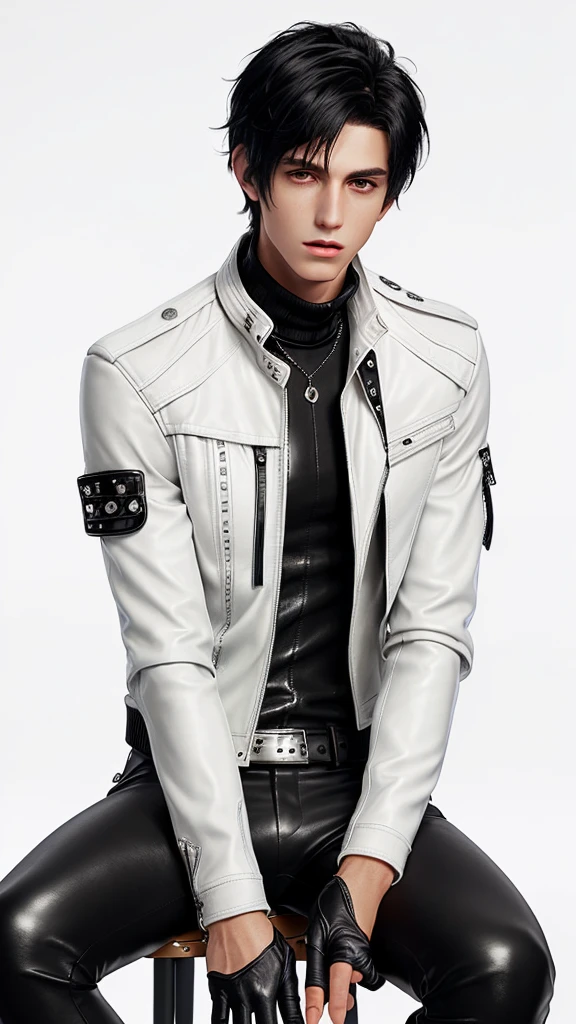 Final fantasy taste and reality graphics, Japanese young cute and cool ikemen  boy, his age is early 20s, thin eyebrows and beady eyes,  ((he wearing off white color leather  thick material jacket)), ((jacket is singlebrest)), biker style jacket, with epaulet, jacket is long sleeve, ((must close the front of the leather jacket)), , ((voluminous leather jacket)), ,((must jacket is high length and stand-up collar)) ((jacket collar with two belts)), ((jacket is a little black color line pattern)),((close the front of the jacket)), ((also wearing black thick material turtleneck lackluster shirts)),  ((tight black leather pants)),  ((black leather tight and thin glove)), ((black leather knee-high raceup boots)),((must views  head-to-toe)),((must views whole body)), ,((Do not show skin from the neck down)),leather jacket leather glove and leather pants have few wrinkles,boy sitting on a chair, Avoid showing your innerwear,zip up jacket fastner.must put on a leather glove.
Boy touching owns private parts with right hand.
Bous face is expression of ecstasy.
Boy is black hair.boy looks like fashion model.