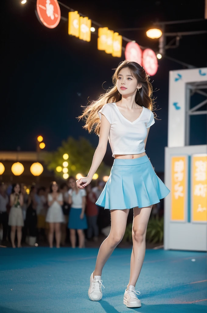 (((best quality))), (((ultra detailed))), (((masterpiece))), illustration,((a beautiful girl,solo)),(shoulder length straight hair:1.2),((slim,thin)),((small breasts,flat chest,claviclis,navel)),(blue short-sleeved white shirt:1.5),(blue mini-skirt:1.3),(slender legs:1.2),(sneakers:1.3),(standing:1.3),(on a stage:1.3),((outside a shopping mall, at the entrance of a beer promotional event)), ((surrounded by crowded crowds)),((her hair and the edges of her skirt fluttering in the air)), the girl's attire reflecting the vibrant spirit of summer, a sense of youthful charm and confidence exuding from her, her hair flows freely in the wind, the fluttering skirt accentuating her graceful movements, her expressive eyes and infectious smile drawing people closer, the stage adorned with colorful decorations, the vibrant atmosphere enhanced by the enthusiasm of the crowd, onlookers of various ages captivated by her performance, clapping, cheering, and taking photos, the girl's graceful dance transforming the ordinary streets into a vibrant and lively venue, her energy and charisma captivating the audience, the scene encapsulating the spirit of summer and the beauty of artistic expression,(night scene:1.3),(from front:1.3),(arms behind back:1.3),(full body:1.3)