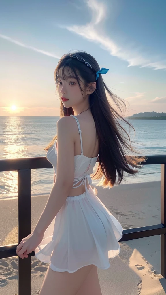 masterpiece,((Clear lines)),  Limited edition palette,Highest quality, Flat Color, Low contrast, ((One girl)),(((Very delicate and beautiful girl))),(Beautifully detailed face),(Beautiful attention to detail),{Long Hair},Flower Hair Ornaments,((Middle chest)),Long black hair,Hair Ribbon,Sexy Sailor Suit , Are standing,((View your viewers:1.6)), View from below,Beautifully detailed skies,Bright sky,Cumulonimbus,sunlight, (Detailed Light),Lighting,colorful,Ocean,Beach, bridge,The way to school,Skyscraper, 