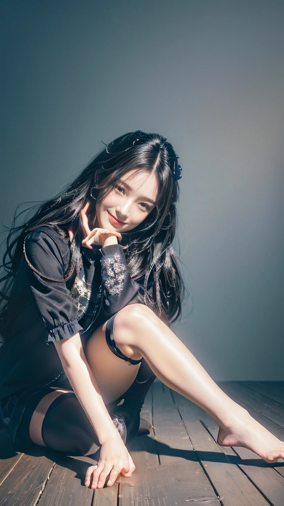 masterpiece, best quality, (extremely detailed CG unity 8k wallpaper), (best quality), (best illustration), (best shadow), absurdres, realistic lighting, (Abyss), beautiful detailed glow, art by PeterMohrBacher, 1 very beautiful girl, long black hair, cute smile, cute shirt, sexy black tights, detailed eyes, detailed face, perfect skin