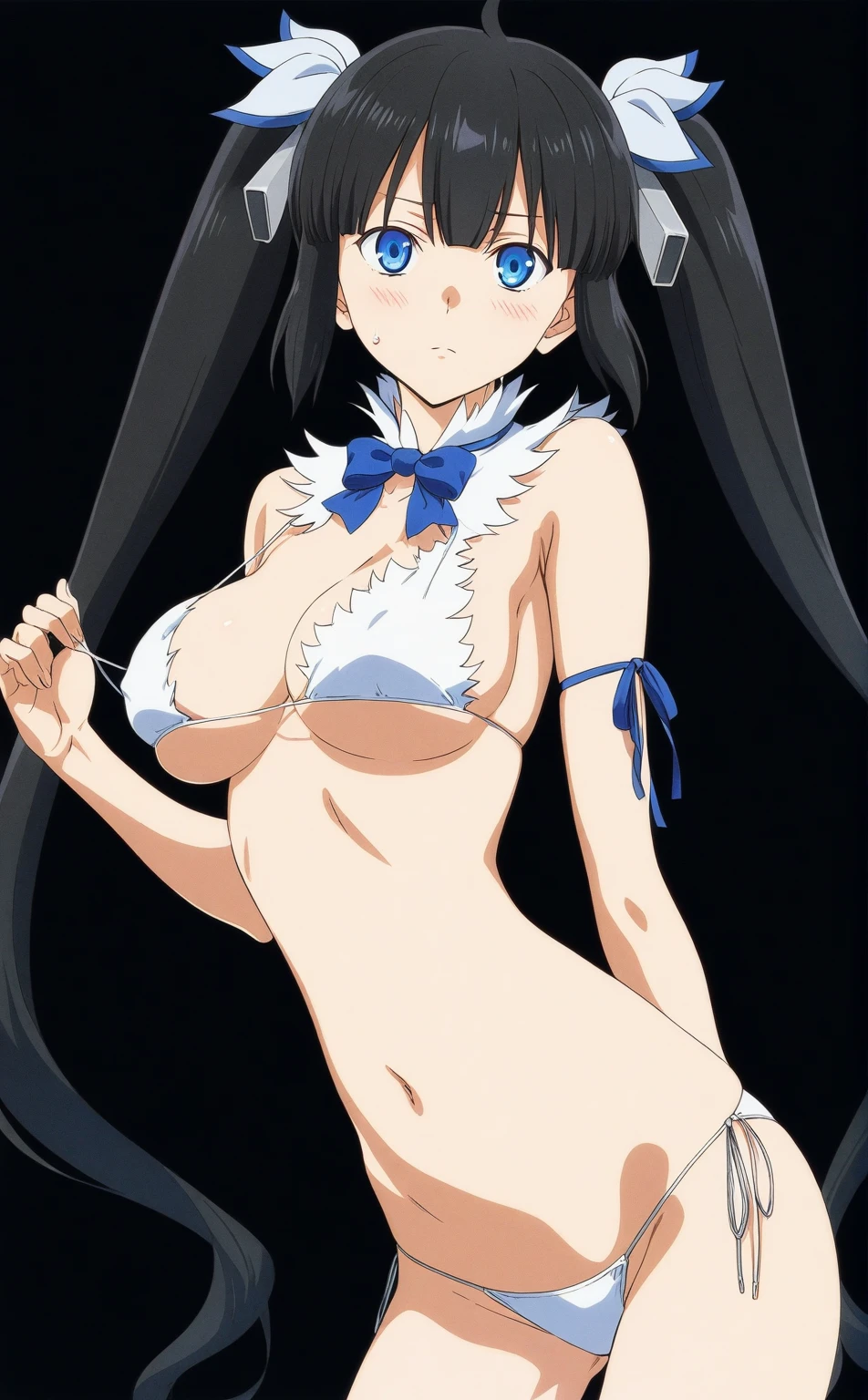 best quality, amazing quality, very aesthetic, (ultra-detailed), (1girl, hestia (danmachi),hestia \(danmachi\),long hair, blue ribbon, twintails, big breasts),(string bikini:1.8), (glare, blush, thigh:1.3), (cowboy shot), (glowing eyes), (half closed eyes:0.9), (nipple), (official art:1.3), (pool), perfect face, perfect anatomy, smooth skin, (black background:1.5), clear eyes, beautiful face, (anime style:1.7), (Warm Light:1.5), (highres:2),