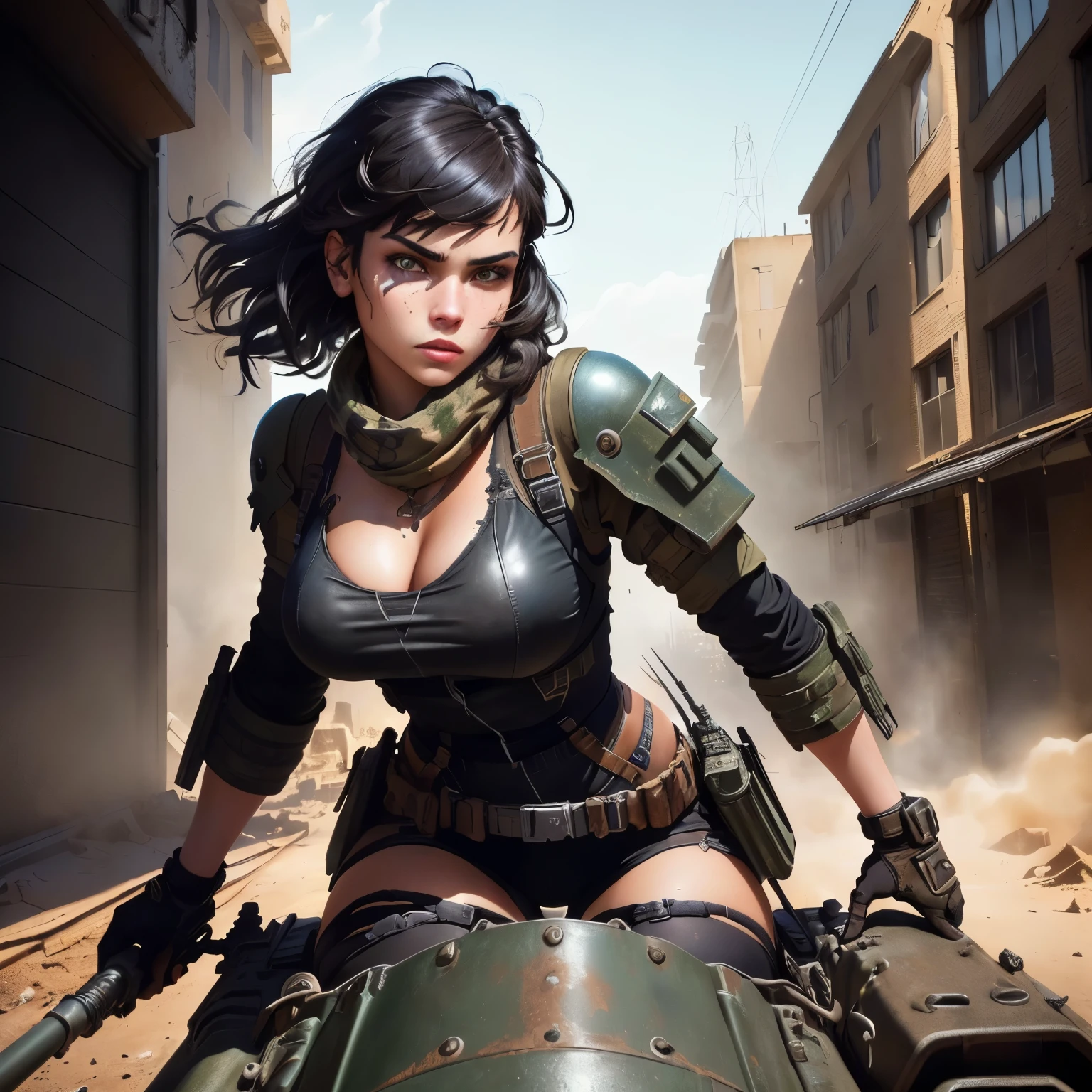 a girl riding on a tank, guerrilla girl, inspired by Peter Blume, dieselpunk art style, dieselpunk style, 1024px profile photo, tank, realistic fortnite style, dieselpunk, photobashing, dieselpunk setting, 2 5 6 x 2 5 6, 256x256, detailed breasts, high resolution, black hair, action painting, best quality, photorealistic, masterpiece, intricate details, cinematic lighting, dramatic shadows, vibrant colors, gritty textures, weathered metal, worn leather, dynamic composition, powerful expression, intense gaze