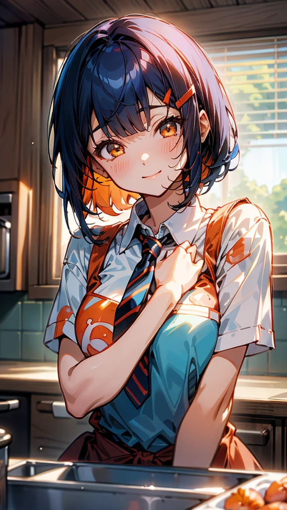 1 girl、Anime Images、Kitchen in the morning、Delicious food、shrimp、Shiny dark blue hair、Short Bob Hairstyles、Tie your hair with an orange hair clip、Beautiful brown eyes、smile、Upper body close-up、Sharp contours、Background Blur、Written boundary depth