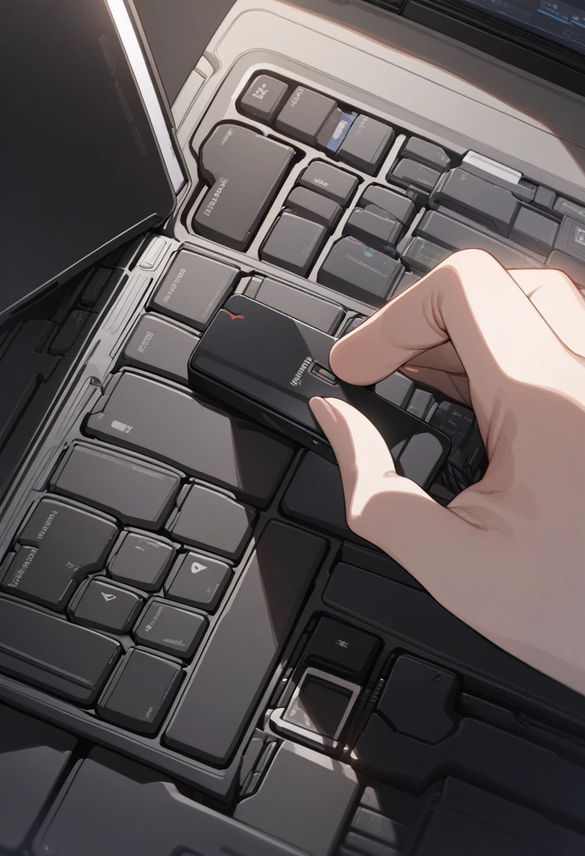 ((background only)),masterpiece, best quality, extremely detailed, ultra detailed, flat anime, 2D, close-up of a female hand, inserting a USB flash memory into a laptop's USB port, laptop keyboard is visible, the USB flash memory has a black casing,