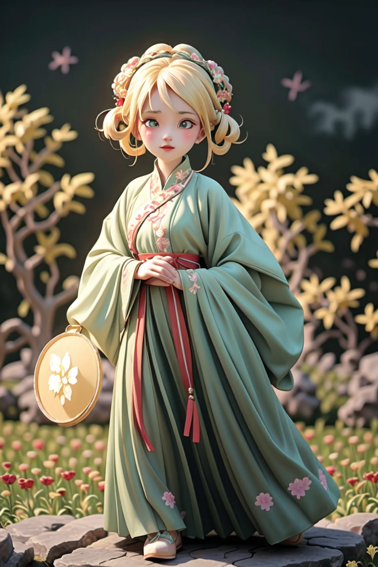 an epic colorful book cover of a 20th century young Blonde 20 year old Swedish witch, green eyes, transported in Tang Dynasty times in ancient China, European face, Tang dynasty clothes, wearing colorful red hanfu, neutral expression, holding a shining magic book, in a palace room, masterpiece, best quality, trending on artstation, intricate details, eerie magical atmosphere, sparkles, epic background, Chinese palace in the background