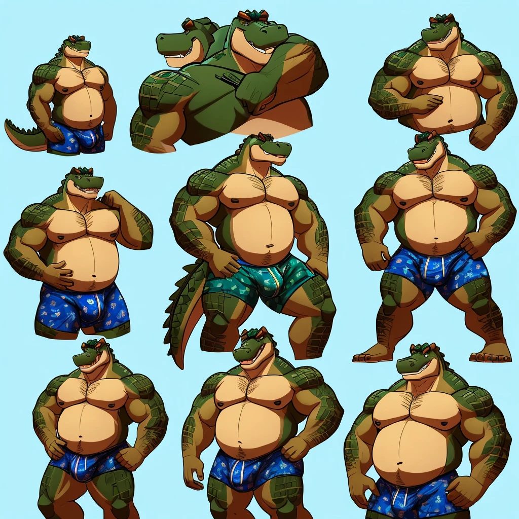 Digital art, Furry style, Anthro Alligator,daddy, musclegut, muscular, wearing boxers with bulge, several poses, doodle page, comfy feeling