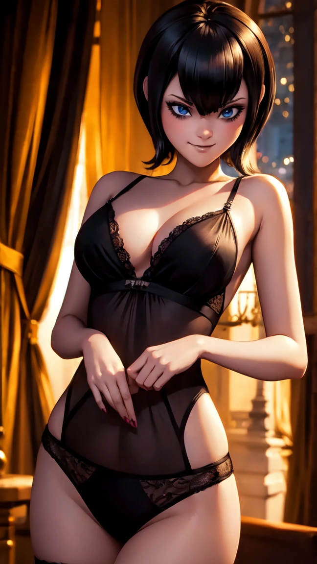 masterpiece, high quality, Best quality, Detailed face, detailed eyes, detailed body, Detailed hands, detailed fingers, very clear, Black underwear, revealing underwear, hotel background, seductive pose, hands behind your head, Smirk, tmavis,