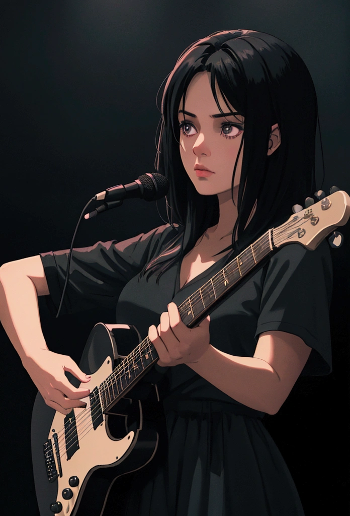A dark-haired girl playing a guitar, atmospheric midnight scene, lofi music, cinematic lighting, detailed face and hands, moody colors, dramatic shadows, photographic style