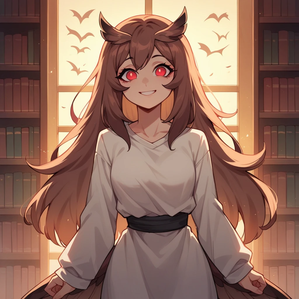 there is a drawn image of a girl in a library, 1girl, female focus, bright red eyes, alone, sunset, brown hair, long hair, smile, looking at viewer, Normal clothes, Owl girl, Owl characteristics, Owl tail