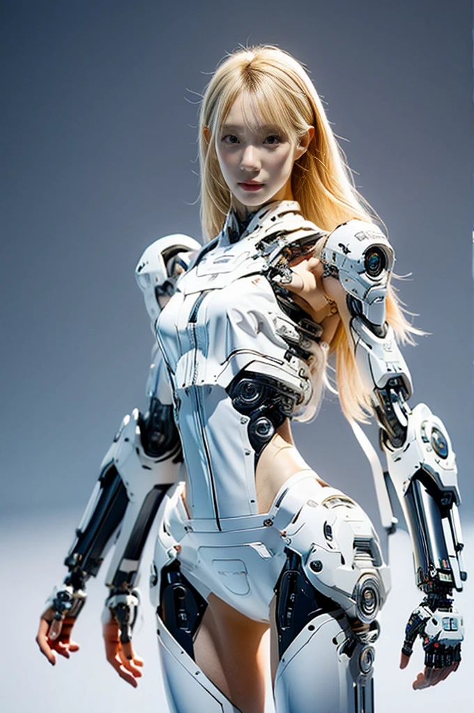 {{best quality, 1080P, Masterpiece, Ultra high resolution, photorealistic photo, ultra realism, Realistic skin texture, Light blonde hair, Extreme skin detail, dslr, Detailed eyes, Facing the camera, very beautiful face, Concise facial structure, Pale skin, Realistic skin texture, Extreme skin detail, oc render reflection textures, Realistic light and shadow, Single picture, alone, The body is slim and balanced., Age 20, Height 170, naked girl, NUDE, no underwear, A girl with the body of a mechanical robot., Transparent futuristic black glass mech armor suit, The mechanical cervix is attached to the neck., flat stomach, Woman with perfect mechanical arms and legs, full body view, Whole body photo.}}