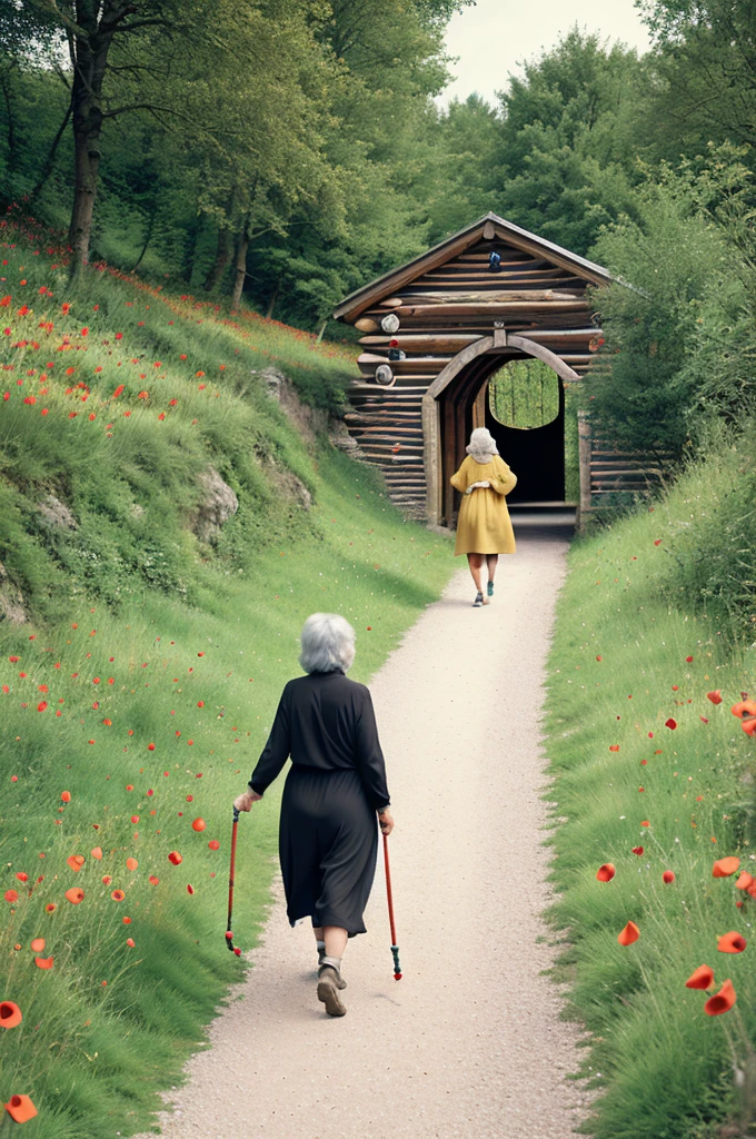 60 year old woman,happy, through the long pipe, with baggy yellow loose dress, fescalza, walking on a poppy path, with rustic cabins, stone bridge and sunny atmosphere 