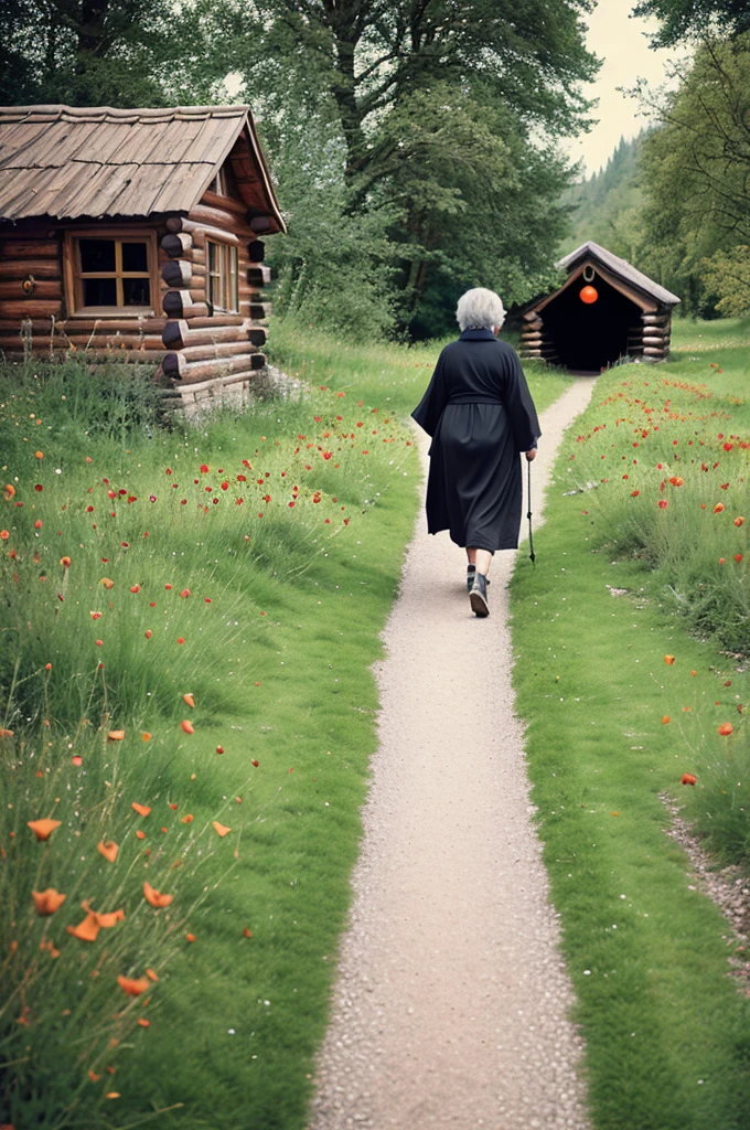 60 year old woman,happy, through the long pipe, with baggy yellow loose dress, fescalza, walking on a poppy path, with rustic cabins, stone bridge and sunny atmosphere 