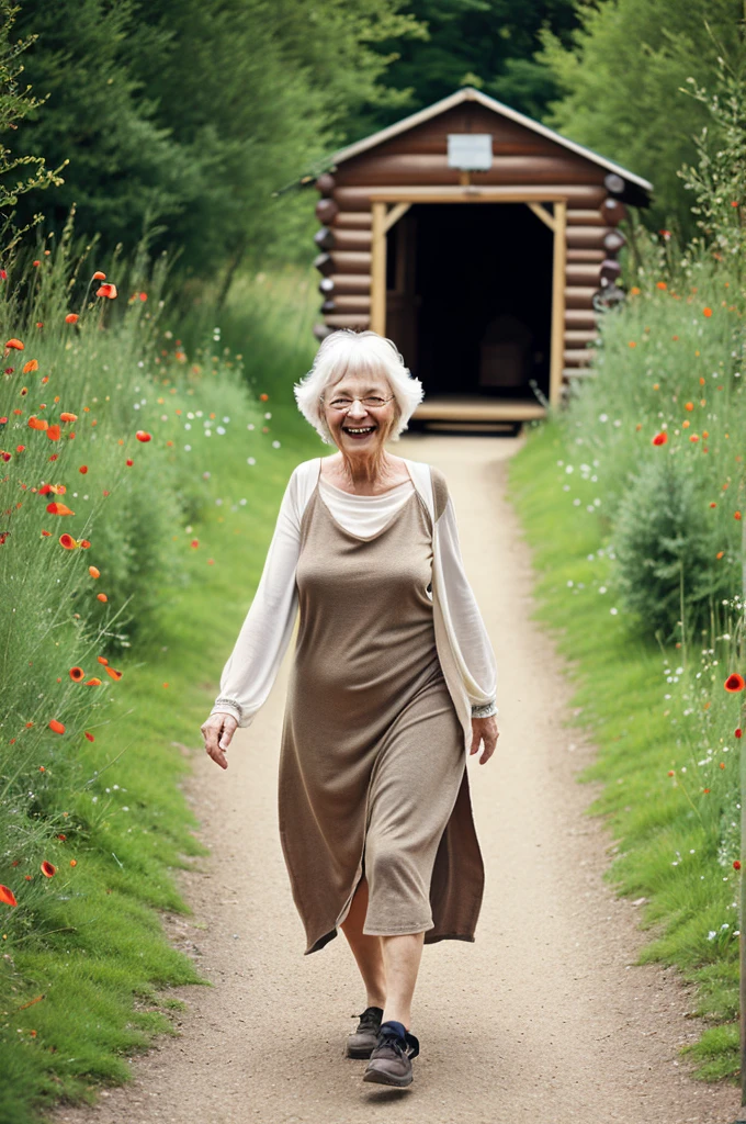 60 year old woman,happy, through the long pipe, with baggy yellow loose dress, fescalza, walking on a poppy path, with rustic cabins, stone bridge and sunny atmosphere 