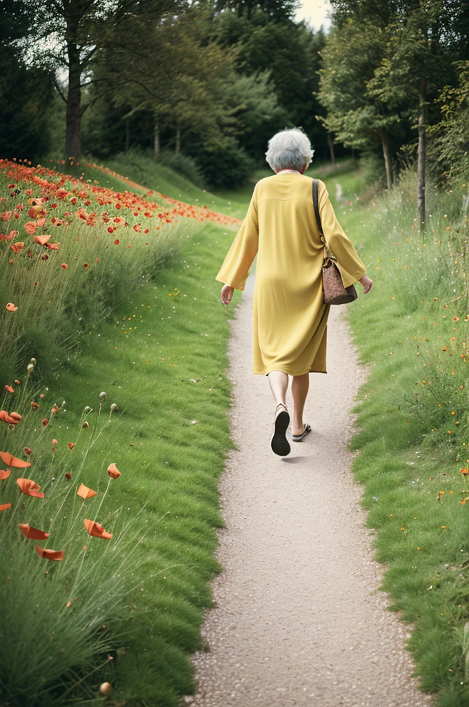 60 year old woman,happy, through the long pipe, with baggy yellow loose dress, fescalza, walking on a poppy path, with rustic cabins, stone bridge and sunny atmosphere 