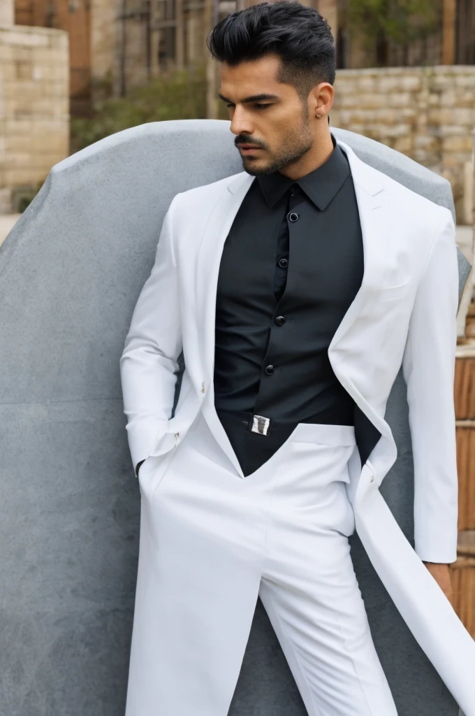 Make me a suit inspired by the black and Argentine panther but with a white color