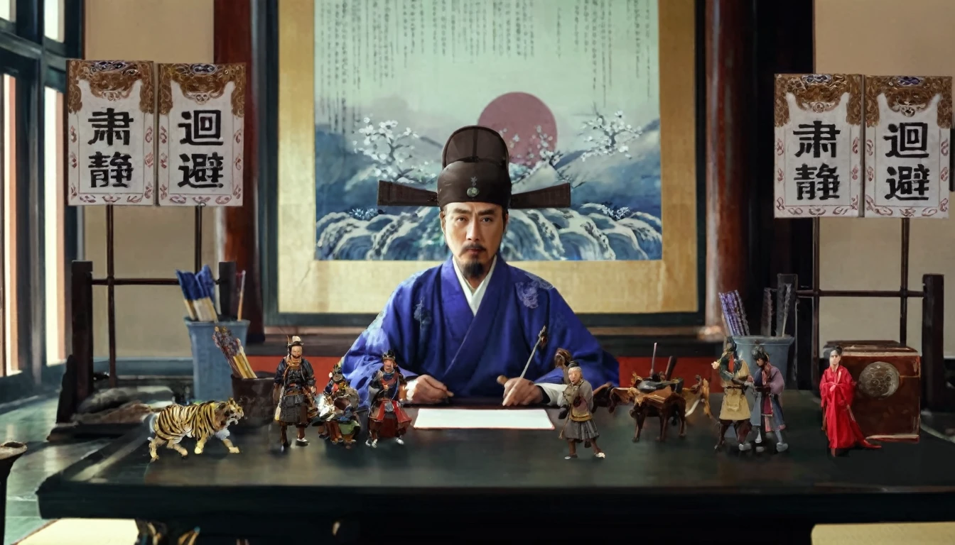 There was a man sitting at the table，Lots of toys around, inspired Emperor Xuande, from three kingdoms, Emperor Xuande, Korean Artist, Inspired by Wu Daozi, still from live action movie, feudal japan art, inspired by Fu Baoshi, Korean mythology, Live action scenes, Inspired by Zhang Sengyao