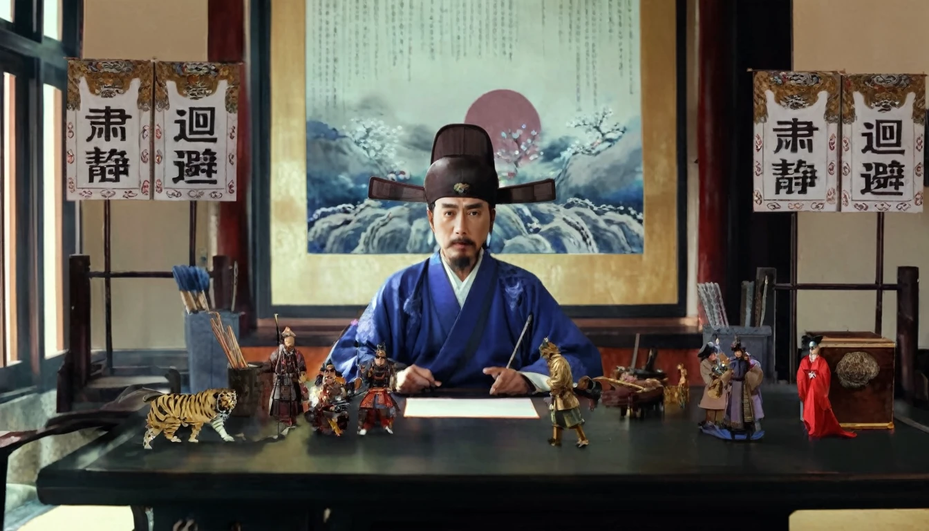 There was a man sitting at the table，Lots of toys around, inspired Emperor Xuande, from three kingdoms, Emperor Xuande, Korean Artist, Inspired by Wu Daozi, still from live action movie, feudal japan art, inspired by Fu Baoshi, Korean mythology, Live action scenes, Inspired by Zhang Sengyao