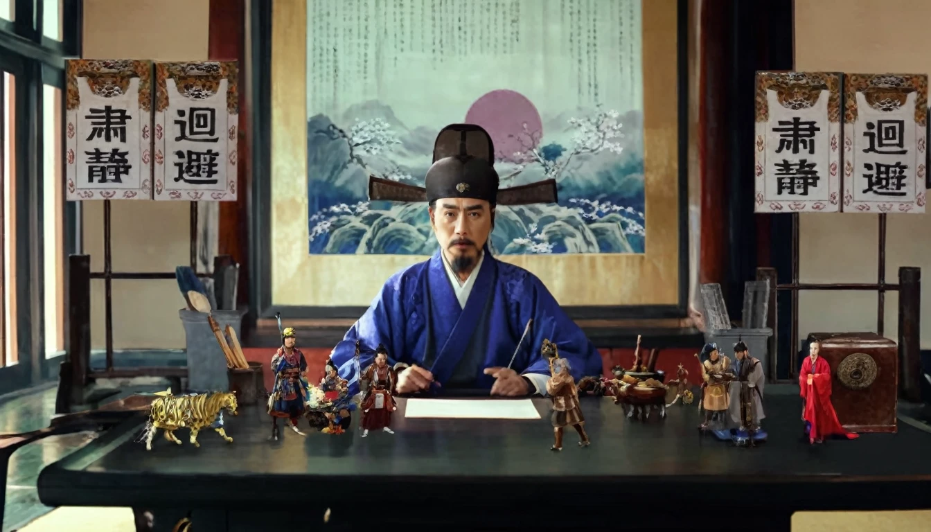 There was a man sitting at the table，Lots of toys around, inspired Emperor Xuande, from three kingdoms, Emperor Xuande, Korean Artist, Inspired by Wu Daozi, still from live action movie, feudal japan art, inspired by Fu Baoshi, Korean mythology, Live action scenes, Inspired by Zhang Sengyao