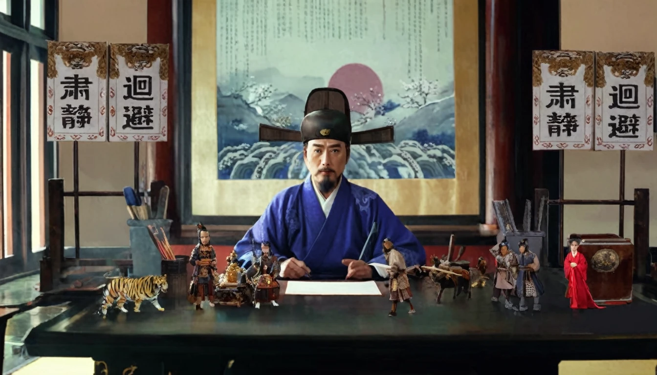 There was a man sitting at the table，Lots of toys around, inspired Emperor Xuande, from three kingdoms, Emperor Xuande, Korean Artist, Inspired by Wu Daozi, still from live action movie, feudal japan art, inspired by Fu Baoshi, Korean mythology, Live action scenes, Inspired by Zhang Sengyao