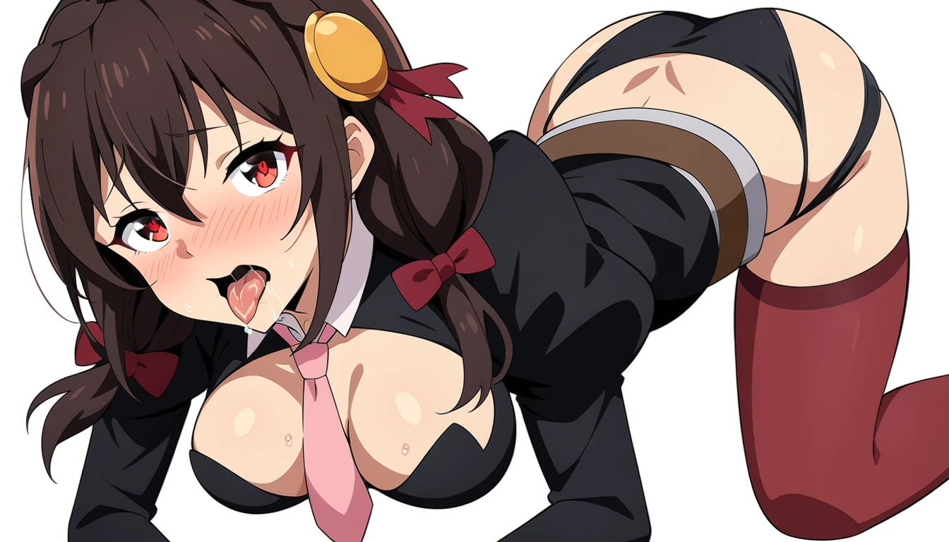 (anime art style:1.0), 2d, masterpiece, best quality, very aesthetic, absurdres, dynamic shadows, atmosferic, yunyun, 1girl, solo, brown hair, low twintails, crown braid, long hair, red eyes, detailed eyes, hair between eyes, bangs, medium breasts, curvy body, makeup, blush, pink necktie, necktie between breasts, (pink skirt:0.7), (white skirt:0.5), hair ornament, red hair bow, belt, black jacket, cleavage cutout, juliet sleeves, red thighhighs, black panties, collarbone, ahegao, tongue, saliva, cowboy shot, from above, all fours, top-down_bottom-up, (looking at viewer:1.0), white background, simple background