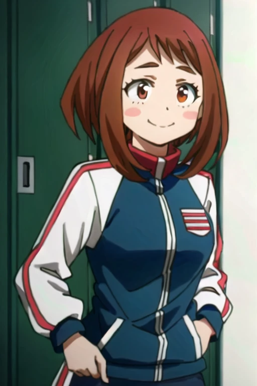 (extremely detailed CG unity 4k wallpaper),(masterpiece),(best quality),(ultra-detailed),(best illustration),(best shadow),(absurdres),(detailed background) Ochaco Uraraka, 1girl, solo,  Ochaco Uraraka,  brown hair, brown eyes, blush stickers, short hair, indoors, jacket, locker, smile, upper body, chair, sidelocks, tracksuit