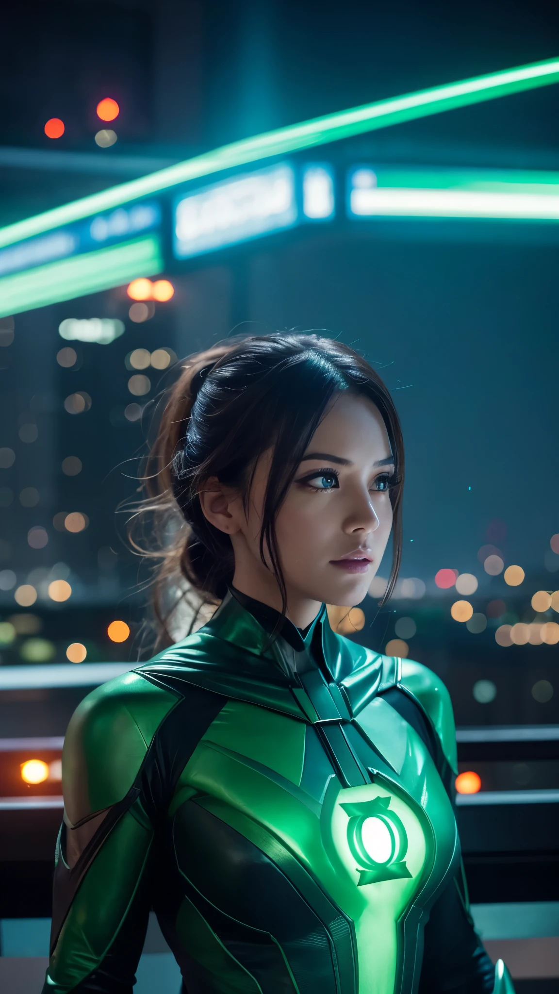 A scene from a movie, Woman dressed as a Green Lantern in DC, Very detailed, Futuristic cityscape, at night, Shining neon lights, cigarette, spark, Metal shavings, flying debris, blue energy effects, Volumetric Light