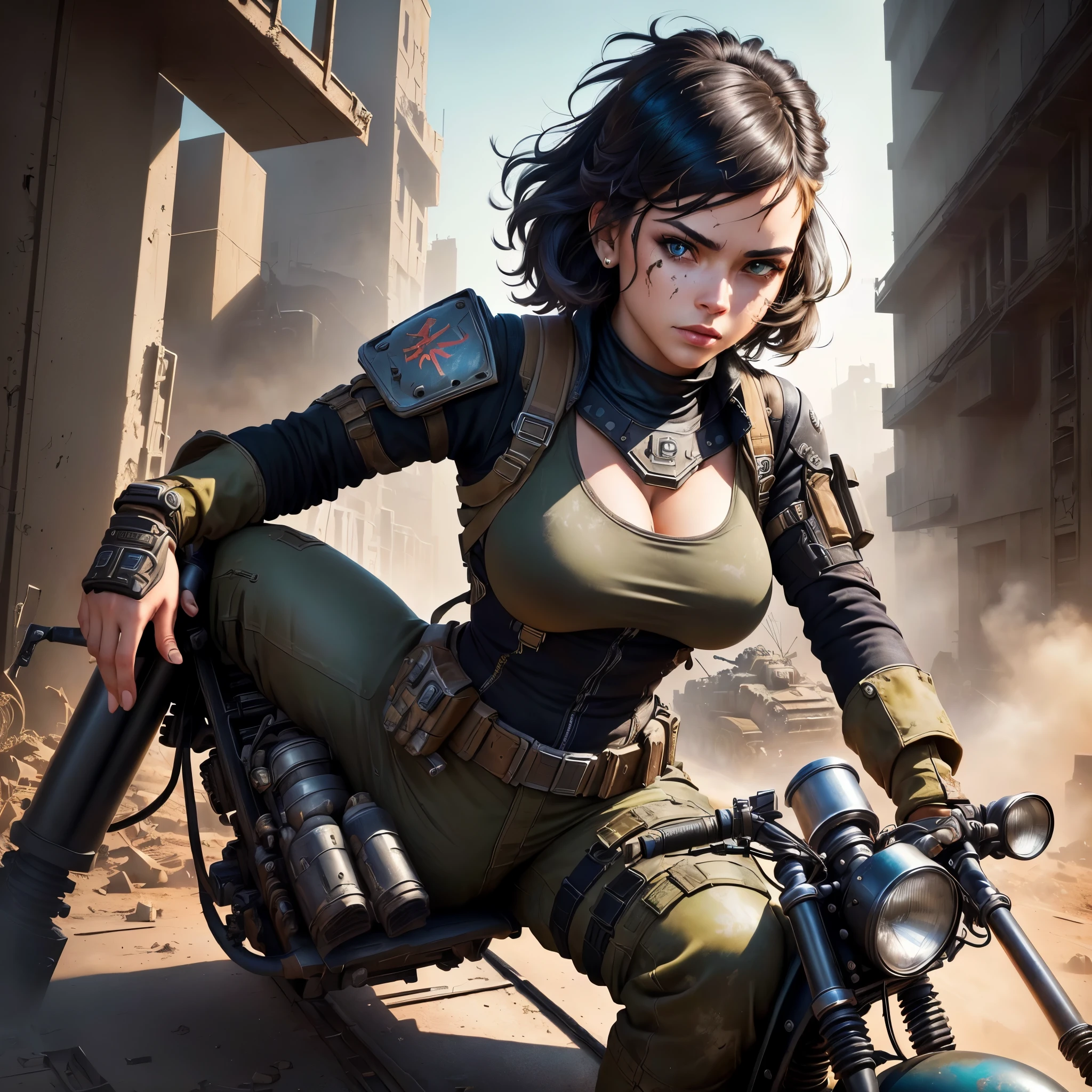 a girl riding on a tank, guerrilla girl, inspired by Peter Blume, dieselpunk art style, dieselpunk style, 1024px profile photo, tank, realistic fortnite style, dieselpunk, photobashing, dieselpunk setting, 2 5 6 x 2 5 6, 256x256, detailed breasts, high resolution, black hair, action painting, best quality, photorealistic, masterpiece, intricate details, cinematic lighting, dramatic shadows, vibrant colors, gritty textures, weathered metal, worn leather, dynamic composition, powerful expression, intense gaze