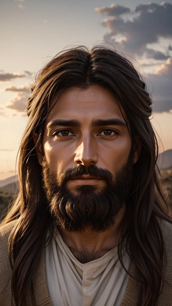 Help me create an image of Jesus Christ with a rustic and serene face before the sun
