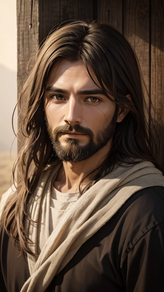 Help me create an image of Jesus Christ with a rustic and serene face before the sun
