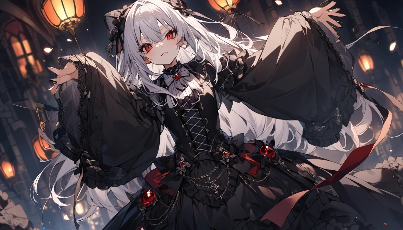 mysterious。White Hair Girl。Detailed Background。White Hair Girlが豪華なシャンデリアが輝くカジノホールでルーレットを回しているシーン。With a tense look、Taking a big gamble。Gothic Costume。