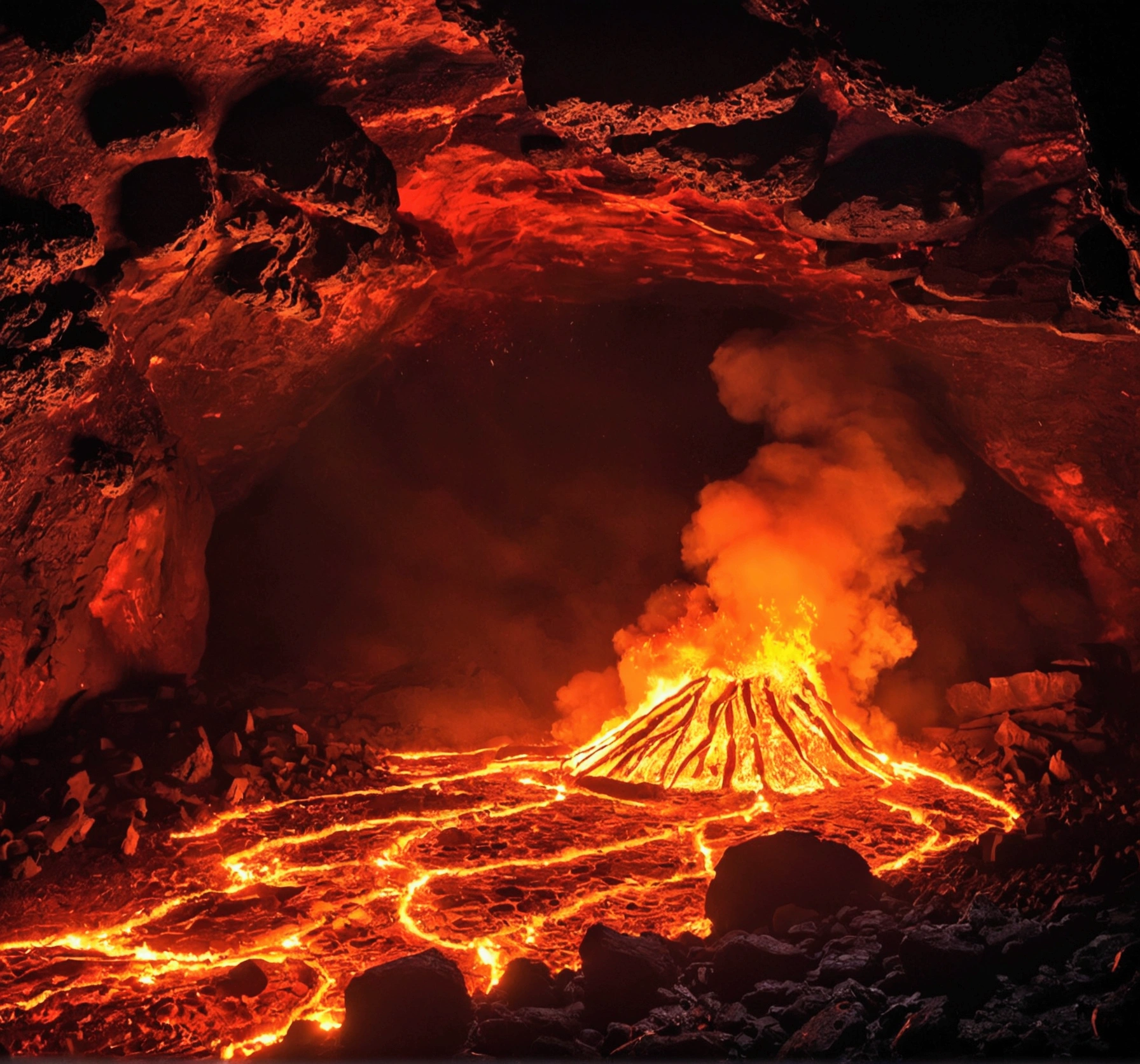 Burning chaos, Cave filled with fire ash and magma, lights, something in the lava, best qualityer, work of art