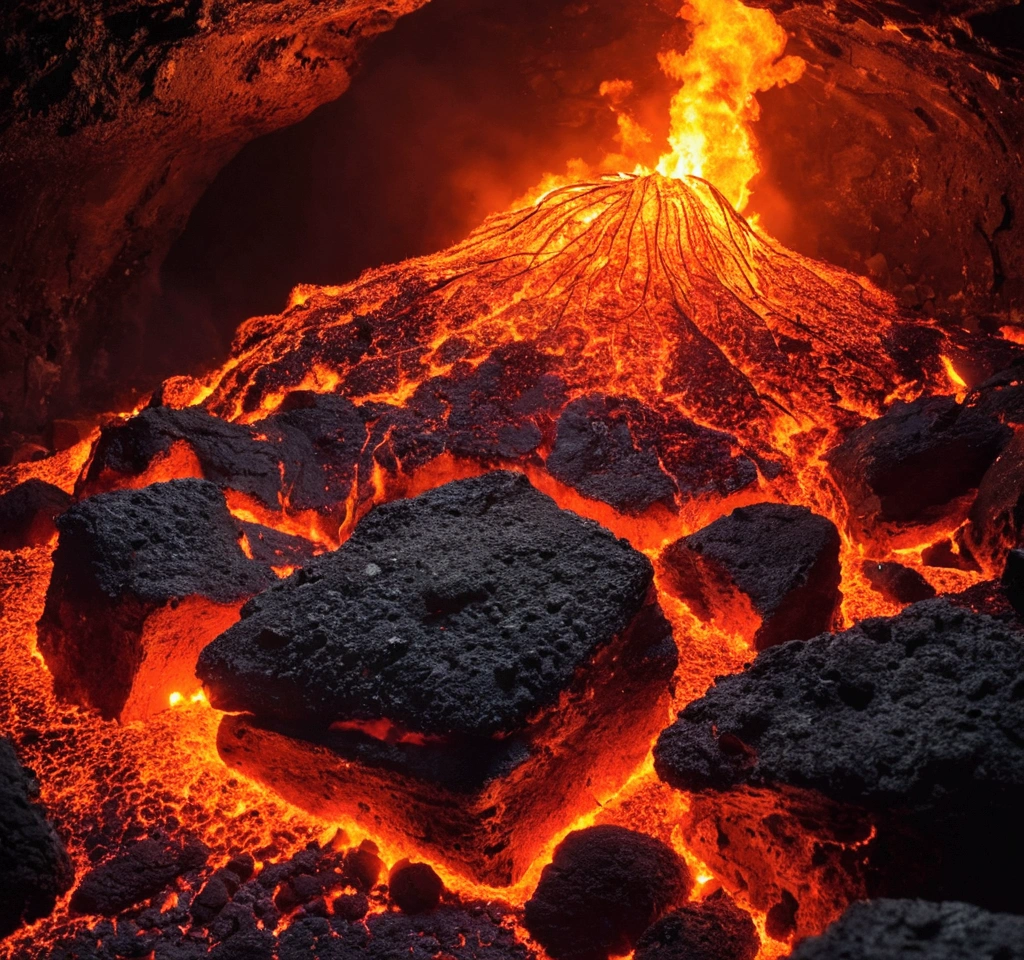 Burning chaos, Cave filled with fire ash and magma, lights, something in the lava, best qualityer, work of art