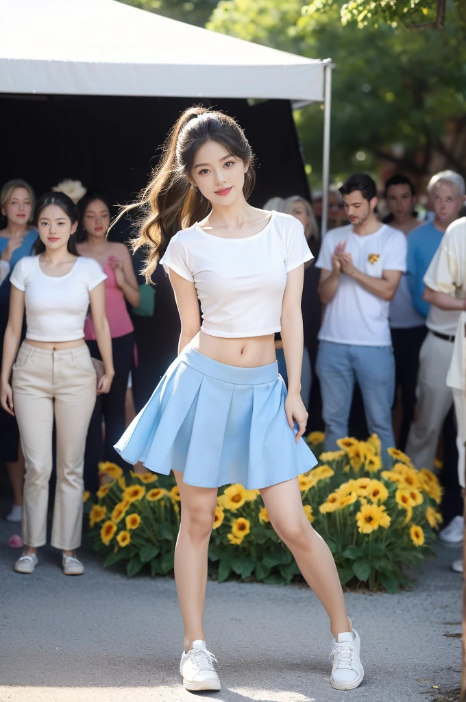 (((best quality))), (((ultra detailed))), (((masterpiece))), illustration,((a beautiful girl,solo)),(shoulder length straight hair:1.2),((slim,thin)),((small breasts,flat chest,claviclis,navel)),(blue short-sleeved white shirt:1.5),(blue mini-skirt:1.3),(slender legs:1.2),(sneakers:1.3),(standing:1.3),(on a stage:1.3),((outside a shopping mall, at the entrance of a beer promotional event)), ((surrounded by crowded crowds)),((her hair and the edges of her skirt fluttering in the air)), the girl's attire reflecting the vibrant spirit of summer, a sense of youthful charm and confidence exuding from her, her hair flows freely in the wind, the fluttering skirt accentuating her graceful movements, her expressive eyes and infectious smile drawing people closer, the stage adorned with colorful decorations, the vibrant atmosphere enhanced by the enthusiasm of the crowd, onlookers of various ages captivated by her performance, clapping, cheering, and taking photos, the girl's graceful dance transforming the ordinary streets into a vibrant and lively venue, her energy and charisma captivating the audience, the scene encapsulating the spirit of summer and the beauty of artistic expression,(night scene:1.3),(from front:1.3),(arms behind back:1.3),(full body:1.3)