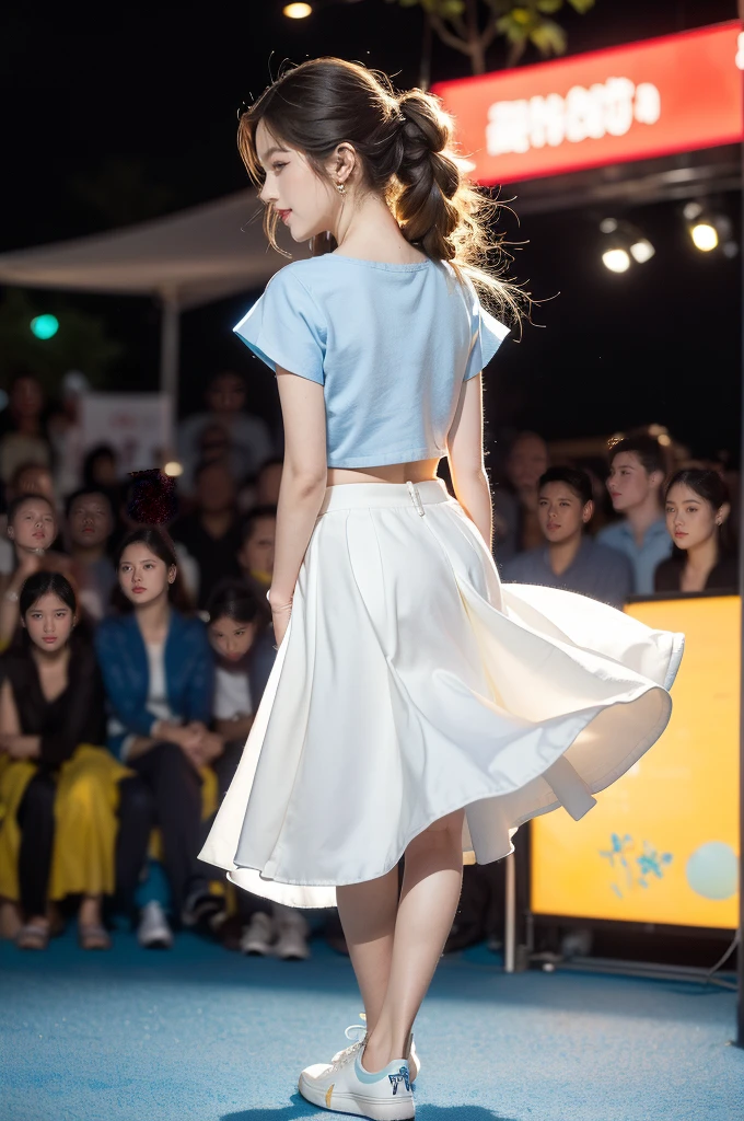 (((best quality))), (((ultra detailed))), (((masterpiece))), illustration,((a beautiful girl,solo)),(shoulder length straight hair:1.2),((slim,thin)),((small breasts,flat chest,claviclis,navel)),(blue short-sleeved white shirt:1.5),(blue mini-skirt:1.3),(slender legs:1.2),(sneakers:1.3),(standing:1.3),(on a stage:1.3),((outside a shopping mall, at the entrance of a beer promotional event)), ((surrounded by crowded crowds)),((her hair and the edges of her skirt fluttering in the air)), the girl's attire reflecting the vibrant spirit of summer, a sense of youthful charm and confidence exuding from her, her hair flows freely in the wind, the fluttering skirt accentuating her graceful movements, her expressive eyes and infectious smile drawing people closer, the stage adorned with colorful decorations, the vibrant atmosphere enhanced by the enthusiasm of the crowd, onlookers of various ages captivated by her performance, clapping, cheering, and taking photos, the girl's graceful dance transforming the ordinary streets into a vibrant and lively venue, her energy and charisma captivating the audience, the scene encapsulating the spirit of summer and the beauty of artistic expression,(night scene:1.3),(from front:1.3),(arms behind back:1.3),(full body:1.3)