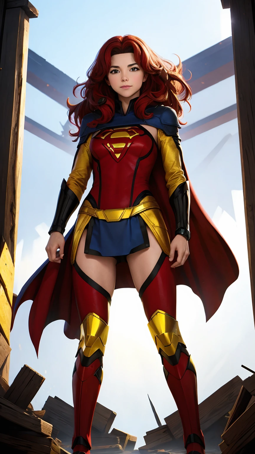((Full body photo,standing, feet on the ground))supergirl A red-haired warrior man with yellow eyes wearing black and gold Supergirl armor