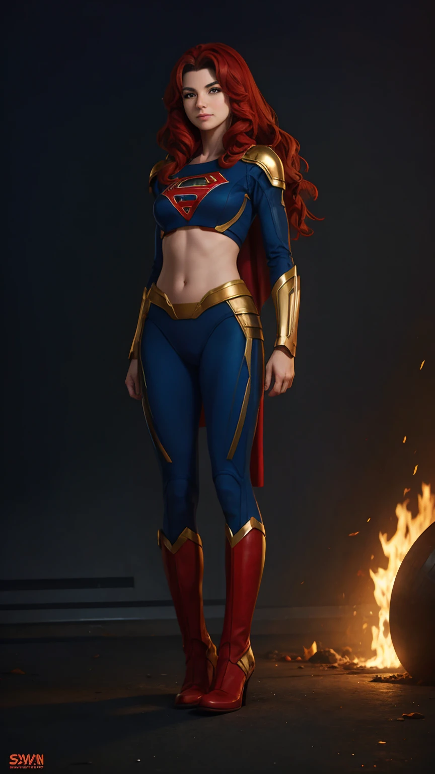 ((Full body photo,standing, feet on the ground))supergirl A red-haired warrior man with yellow eyes wearing black and gold Supergirl armor