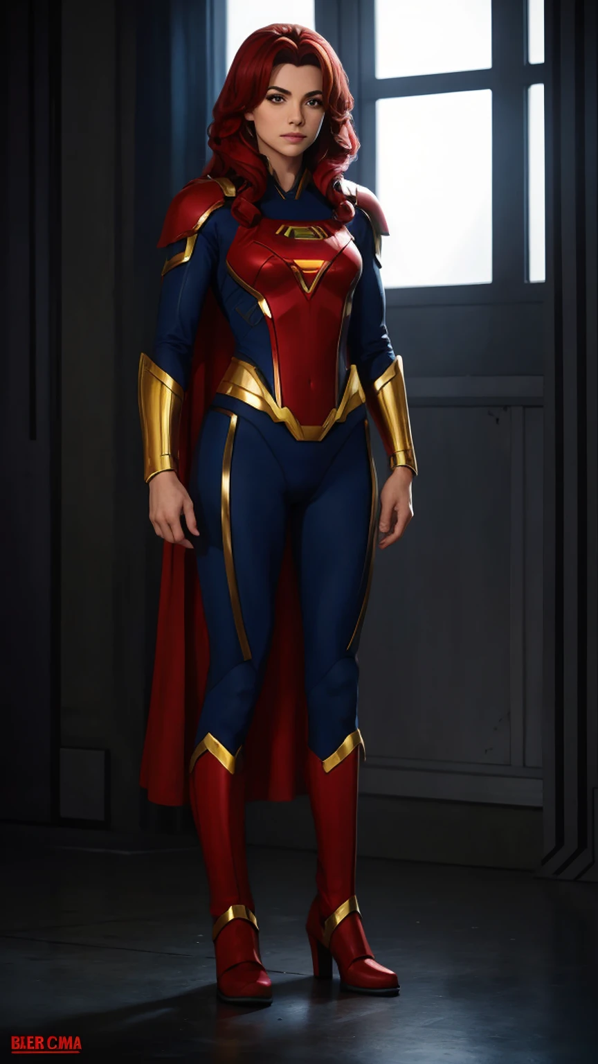 ((Full body photo,standing, feet on the ground))supergirl A red-haired warrior man with yellow eyes wearing black and gold Supergirl armor