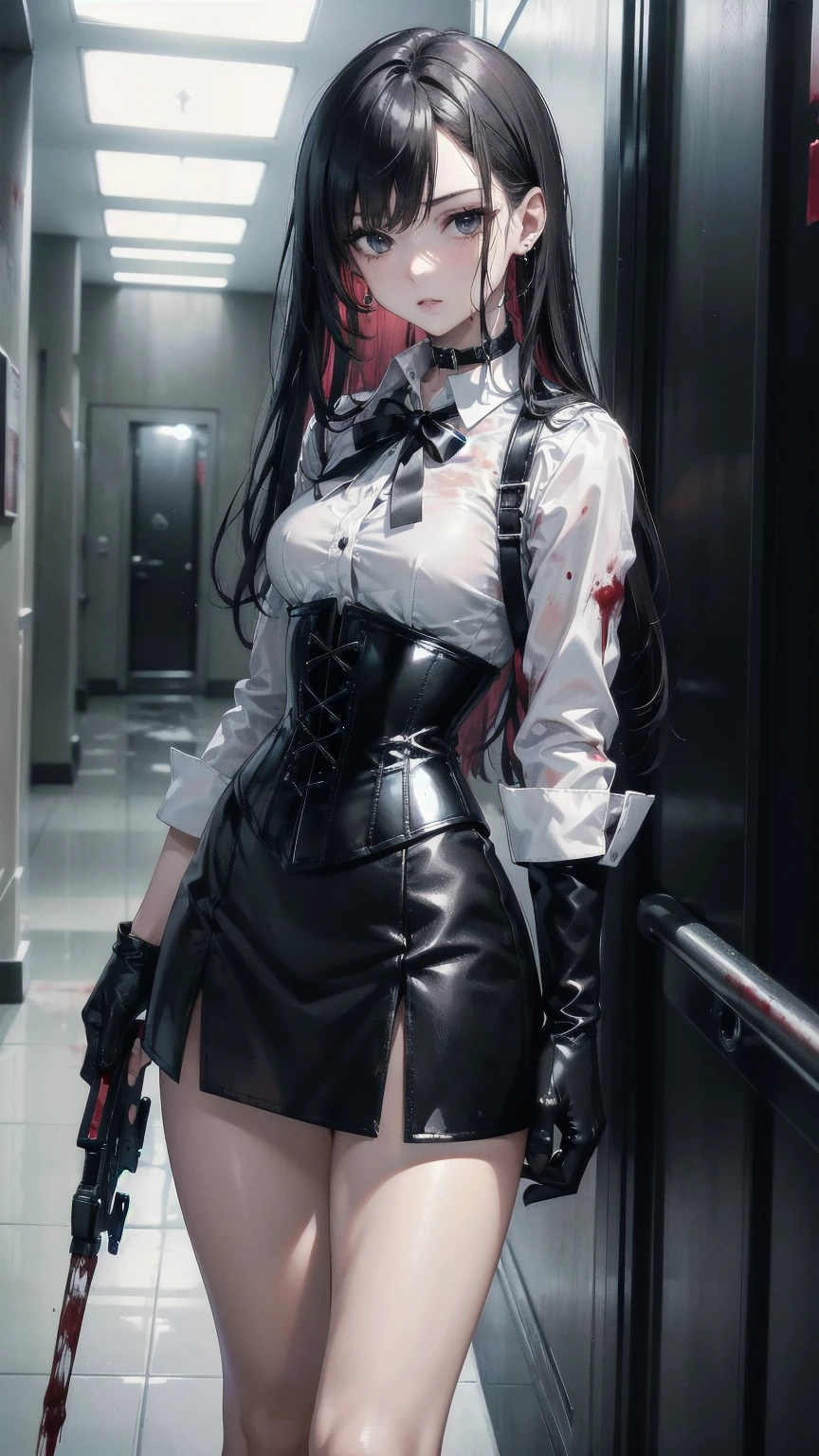 ((blood droplets)), ((blood)), ((blood splatter)), ((blood on clothes)) ((blood stain)), masterpiece, Superior image quality, High resolution, 4k image,photo and gross, photorealistic, whole body, distant view, 1 young man of 15 years, {{{vagina}}}, beautiful face, long black hair, black eyes, very detailed eyes, pink cheeks, serious expression, choker:1.6, (white collar button down long sleeve shirt), black gloves, gloves that cover hands, (holding a light crossbow in the right hand), (black leather corset), (shiny black miniskirt), Sensual Lips, show details in the eyes, View from the front, looking at the viewer, walking in an elegant hallway